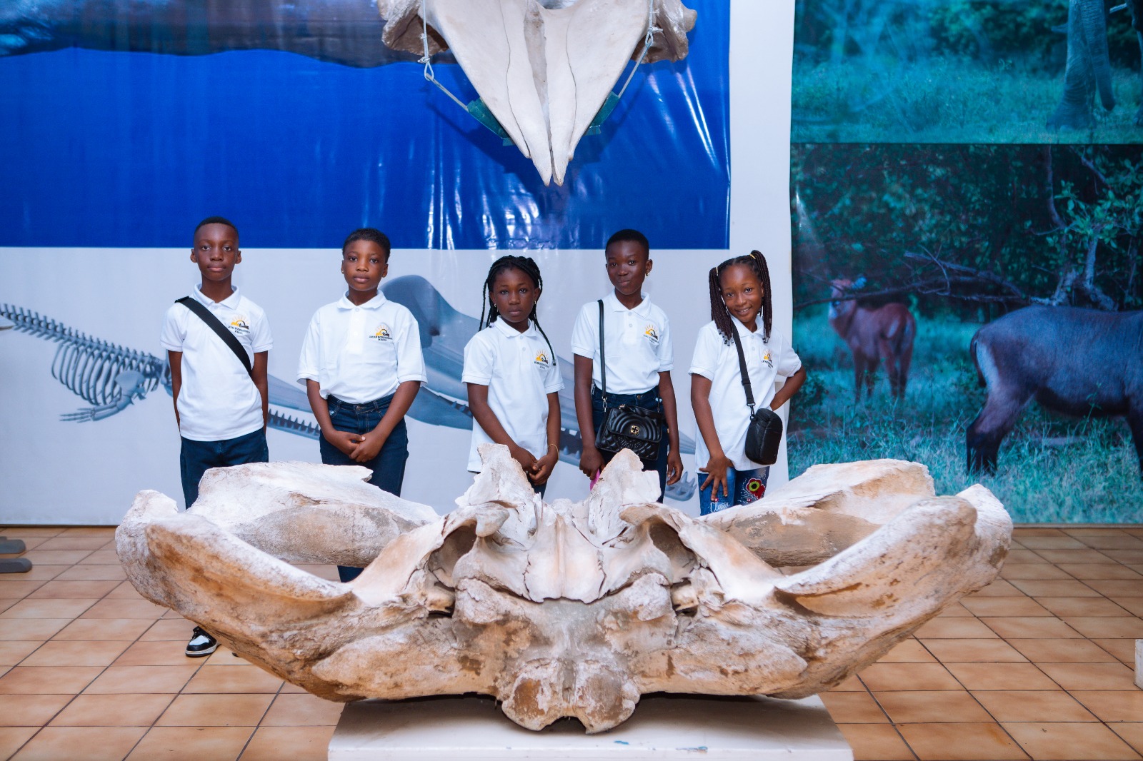Students on a science museum excursion exploring dinosaur and marine skeleton exhibits